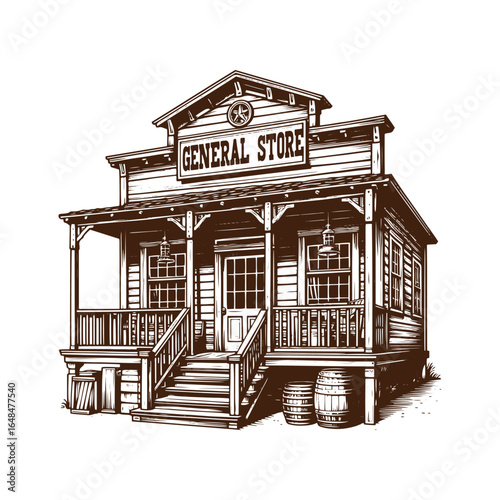 Old Western General Store Facade – Black and White Vector Illustration of Frontier Shopfront
