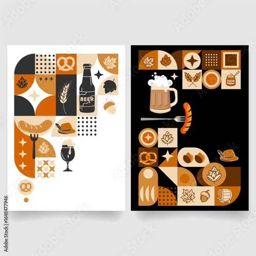 Oktoberfest themed poster templates in modern flat style with retro-modern and geometric minimalist elements featuring beer, pretzels, sausages, traditional German festival icons. Vector illustration