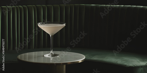 Pink martini cocktail in elegant glass on dark green velvet booth in moody bar interior