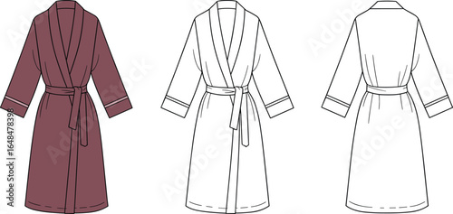 Bathrobe fashion flat sketch, women's robe front and back view, loungewear technical drawing, vector sleepwear template, belt wrap style