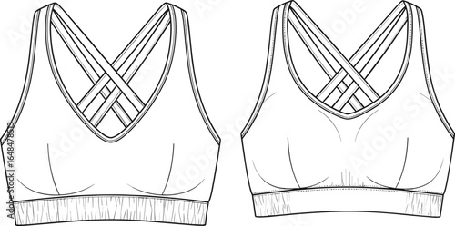 Stylish sports bra fashion flat sketch, seamless activewear design, fitness apparel template, trendy women’s workout top, detailed vector illustration