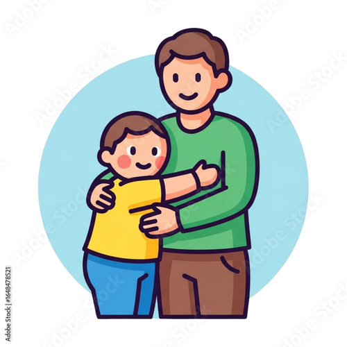 Vibrant cartoon illustration depicting a tender moment of a loving adult embracing a joyful child, highlighting family connections, care, and emotional security.
