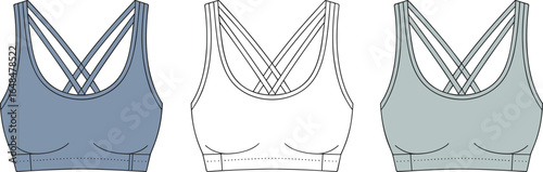 Stylish women’s sports bra flat sketch, vector illustration, front view, athletic wear, fitness apparel, activewear design, seamless support garment.