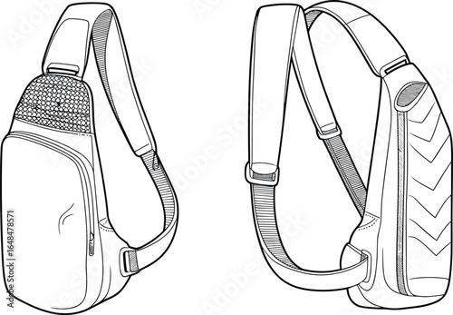 Sling bag vector flat sketch, modern crossbody backpack design, technical fashion drawing, travel shoulder bag template, front and back view