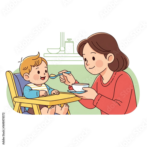 Mother lovingly feeding her baby in a high chair, a heartwarming scene of parental care and nurturing.