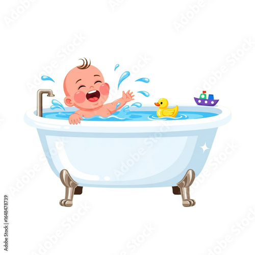 A joyful baby giggling and splashing water while taking a bath in a clawfoot bathtub with a rubber duck and toy boat, clean and fun hygiene routine