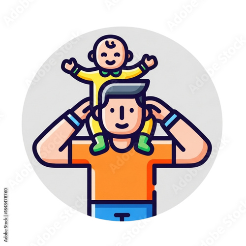 A delightful illustration portraying a loving father carrying his happy baby on his shoulders, symbolizing strong family bonds, paternal care, and the innocent joy of childhood.