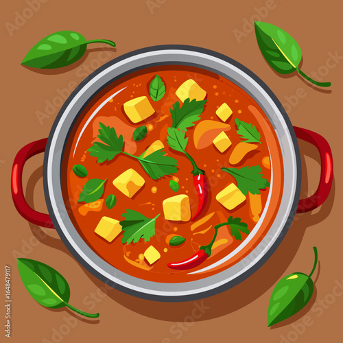 Delicious indian paneer butter masala served in a pot with fresh herbs and chili peppers