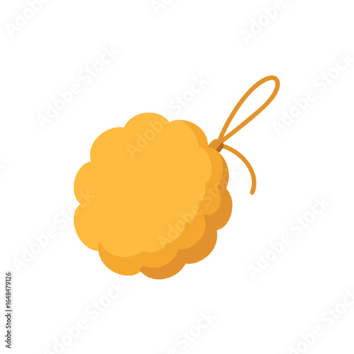 Bright orange pouf with looped string, soft fluffy bath accessory for spa and cleansing routines