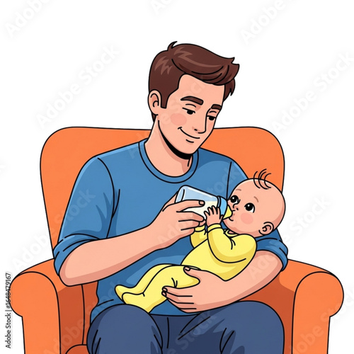 Caring father tenderly bottle-feeding his adorable infant child, showcasing a heartwarming moment of paternal love and childcare in a comfortable home setting.