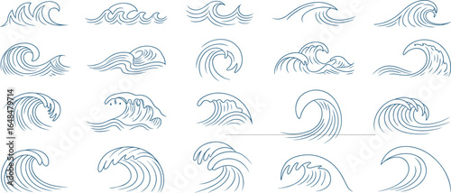 Ocean wave line art collection, abstract sea surf symbols, minimal blue water design, marine graphic elements, coastal style icons, flat vector illustration