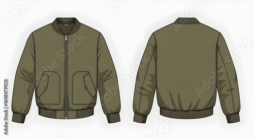 Detailed vector mockup illustrating the front and back of a classic olive green bomber jacket, perfect for apparel design templates and fashion garment showcases.
