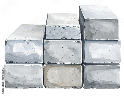 A - Watercolor Painting of Neatly Stacked Gray Concrete Blocks, Transparent PNG.