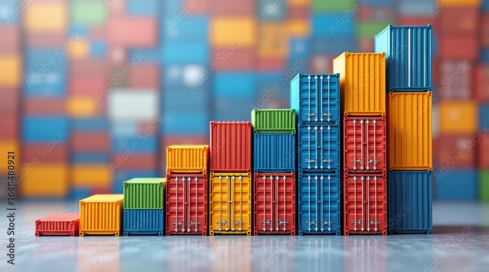 Obraz premium stock market visual metaphor concept. Colorful shipping containers arranged in a bar graph formation, symbolizing trade growth.