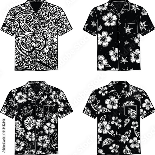 Black and white Hawaiian aloha shirts set, short sleeves, floral and tribal print, vintage style, summer holidays, vector illustration