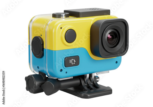 Isolated Compact Action Camera in Waterproof Housing on White Background