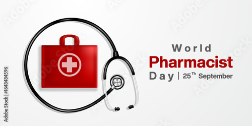 25 th September is World Pharmacist Day. Suitable for posters, banners and social media. White background.
