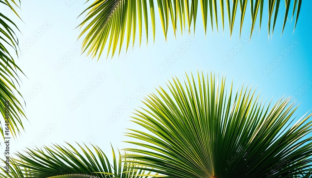 Obraz premium Majestic Fiji fan palm leaves, vibrant green against a clear sky, holiday, ecosystem
