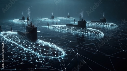 Underwater scene with submarines surrounded by bright white dots in a glowing network,