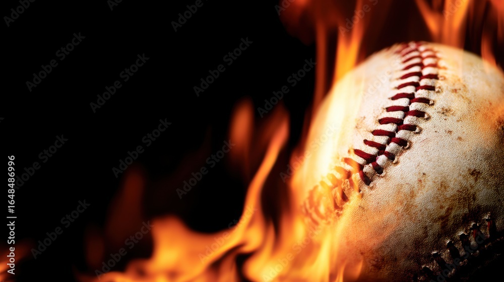 A white baseball with red stitching is engulfed in bright orange and yellow flames, A white baseball with red stitching is engulfed in bright orange and yellow flames,