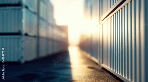 A row of shipping containers bathed in warm sunlight during sunset or sunrise 