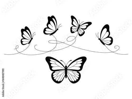 Stylized black and white butterflies form an elegant decorative swirling line design