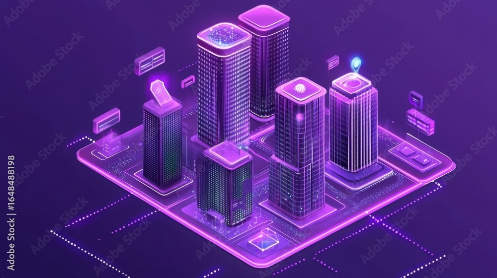 Isometric Purple Buildings on Illuminated Platform Isometric Purple Buildings on Illuminated Platform