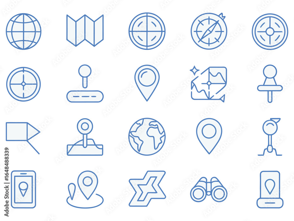 Fototapeta premium A clean collection of blue outline icons for navigation, mapping, and location services.