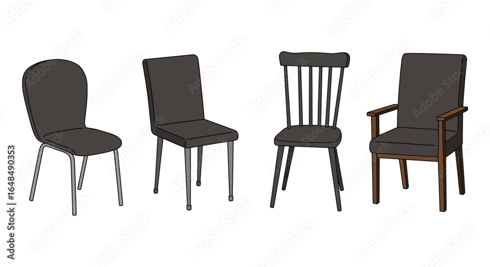 Fototapeta premium Four Unique Dining Chairs in a Row on White Background Illustration