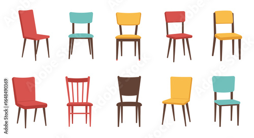 Collection of Colorful and Modern Dining Chairs Isolated on White Background