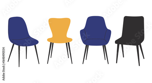 Four Modern Chairs in Different Colors Standing in a Row on White