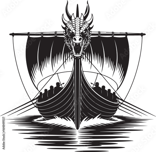 Dragon ship sails sea with warriors