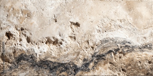 Detailed close-up of a stone surface with a mix of light beige, tan, and dark gray tones.  The stone shows a rough, uneven texture with various pits and crevices, creating a natural,