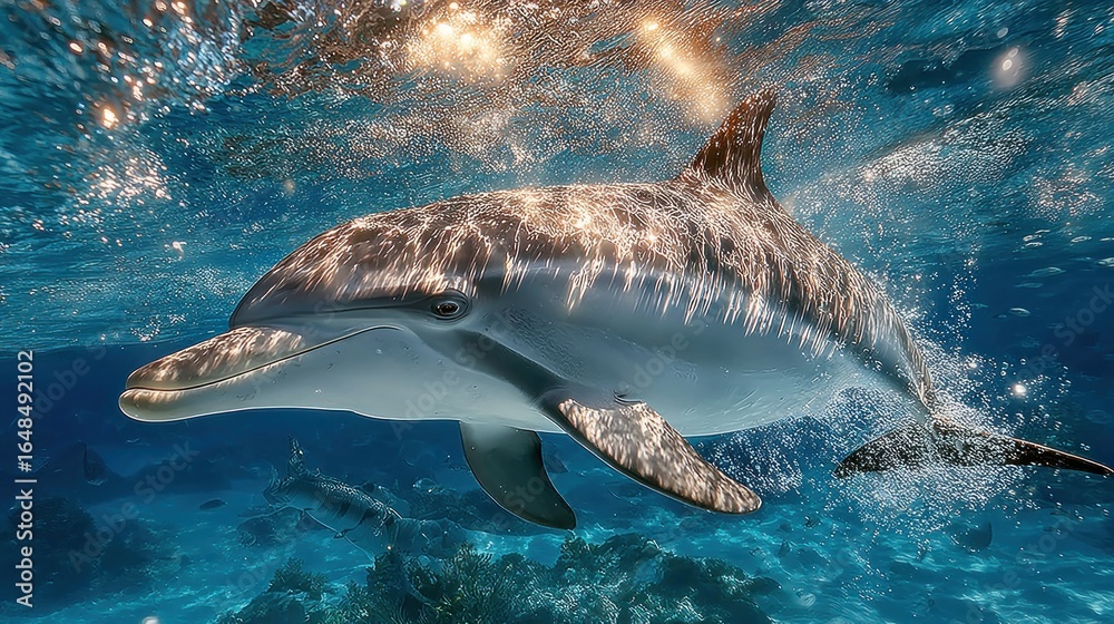 Naklejka premium Dolphin swimming in deep blue ocean with shimmering body under sunlight, surrounded by gentle waves and marine life, ultra-detailed realistic wide-angle shot with cinematic lighting