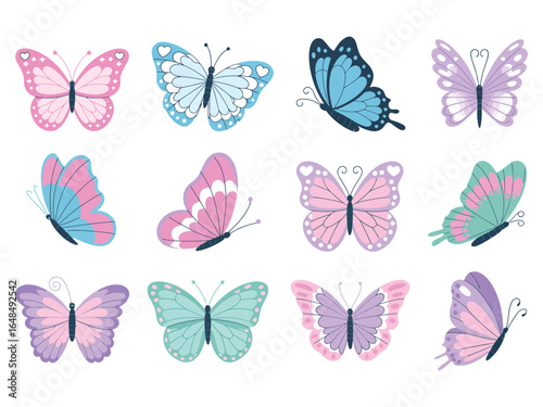 A charming collection of stylized pastel butterflies with delicate wings and varying poses