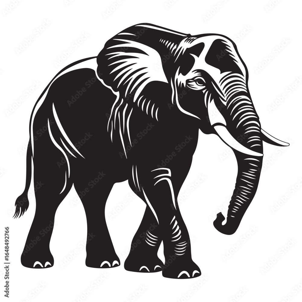 Fototapeta premium Black silhouette of an African elephant with tusks in side view vector illustration