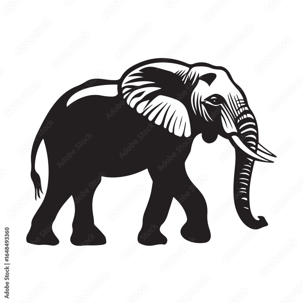 Fototapeta premium Black silhouette of an African elephant with tusks in side view vector illustration