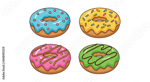 Four colorful cartoon donuts with different toppings and glaze variations