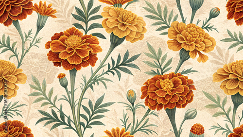 Orange and yellow marigolds with green stems, cream background, botanical watercolor illustration, vibrant autumn flowers, decorative floral pattern design.