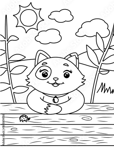 Cat in the Field Coloring Page