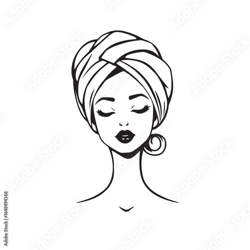 Spa day girl with towel on head vector design black and white illustration.