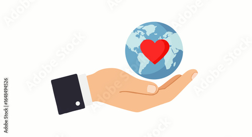 A businessman's hand gently holding a small globe of Earth with a large red heart symbol.