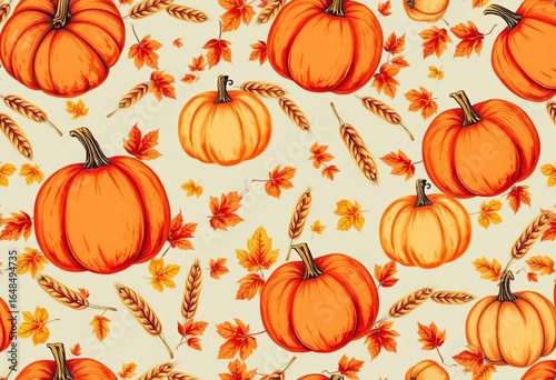 Hand-drawn autumn seamless pattern featuring pumpkins, oat stalks, and fall foliage,  repeat,  fabric