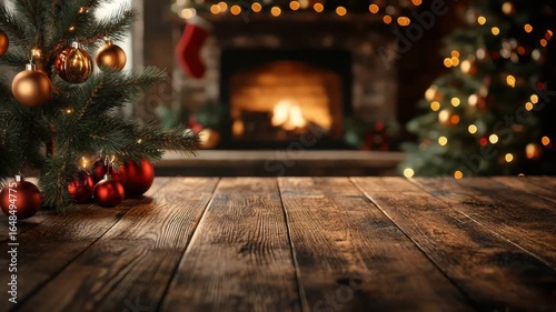 Christmas tree decoration with red and gold baubles near wooden table and cozy fireplace warm light festive atmosphere blurred background winter celebration seasonal decor warm glow