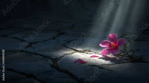 Pink flower illuminated by a beam of light on a stone pavement.