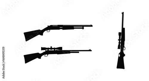Silhouette of Three Rifles Pump Action Scoped Hunting Rifle and Sniper Rifle