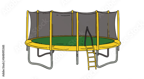 A colorful cartoon trampoline with a green jumping mat, yellow safety pads, a protective net enclosure, and an access ladder.