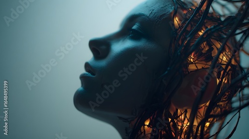 Intricate design of a head with glowing branches.
