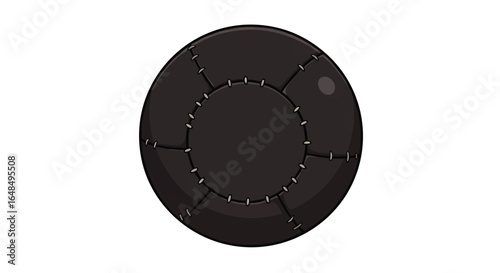 A dark grey cartoon medicine ball with prominent white stitches and a smooth, shiny surface.