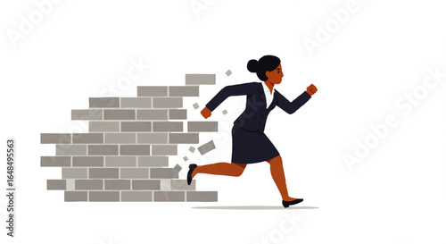 A determined businesswoman in a dark suit running forward, breaking through a grey brick wall barrier.